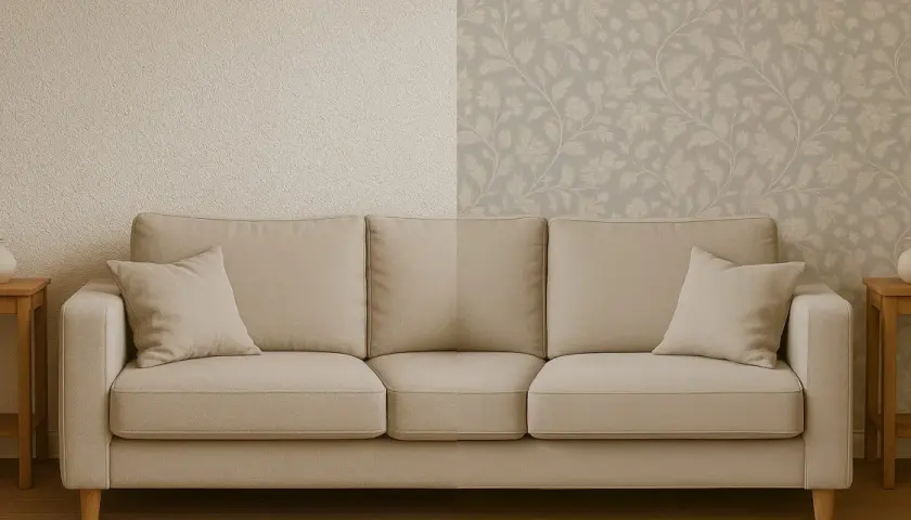 Sofá beige con cojines, flanqueado por mesitas de madera con jarrones. La pared tiene un **efecto sello** dividido: texturizada a la izquierda, floral a la derecha.