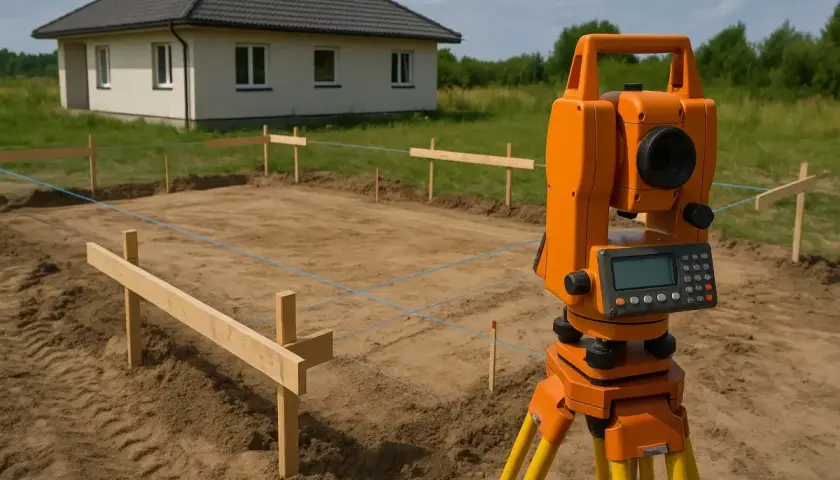 Precyzyjne trasowanie fundamentów domu z pomocą niwelatora.