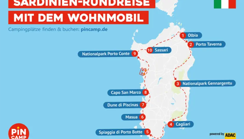 Sardinien-Rundreise mit dem Wohnmobil: Karte zeigt Route von Olbia über Sassari und Cagliari.
