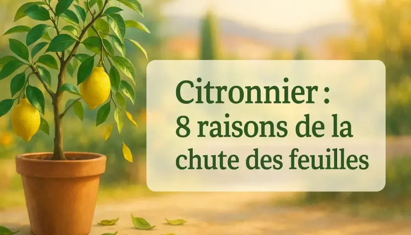 Un citronnier en pot perd ses feuilles. Le texte indique "Citronnier : 8 raisons de la chute des feuilles".