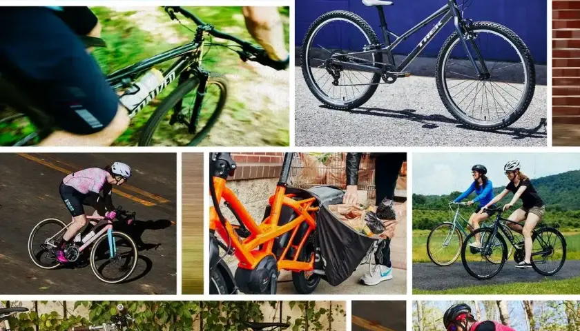 Różne rodzaje rowerów: górski, miejski, szosowy, elektryczny i cargo.