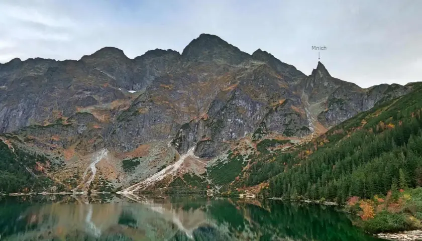 Majestatyczny Mnich w Tatrach góruje nad spokojnym jeziorem, odbijając się w jego zielonych wodach.