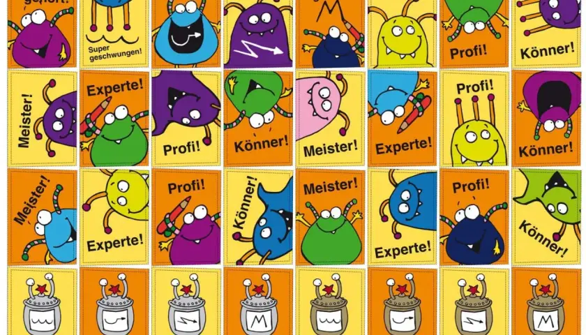 Bunte Monster-Symbole für die Grundschule: "Experte!", "Profi!", "Meister!", "Könner!" und mehr.