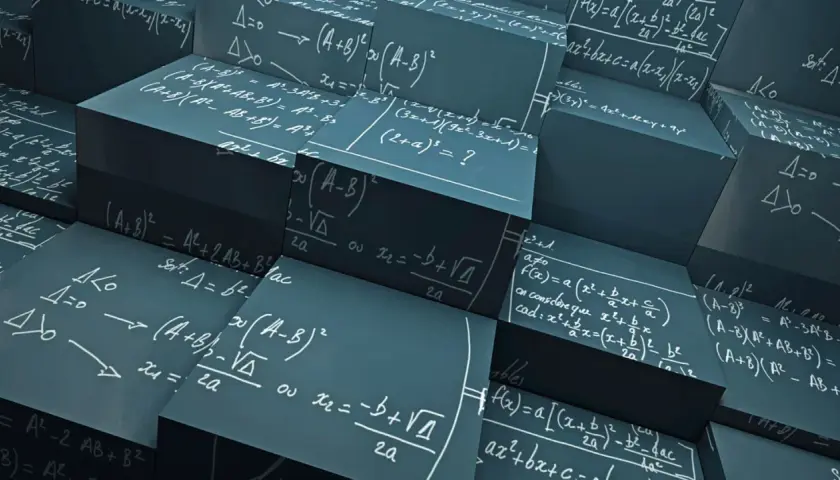 Cubos con fórmulas de ejercicios de polinomios 2 eso. Se ven ecuaciones como (A+B)² y la fórmula cuadrática.