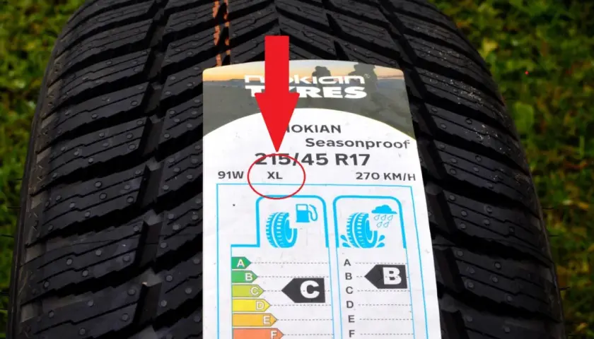 Opona Nokian z oznaczeniem XL. XL oznacza, że opona ma wzmocnioną konstrukcję i wyższy indeks nośności.
