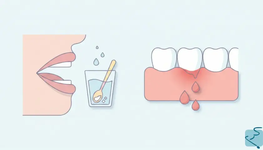 Ilustración de boca y dientes con encías inflamadas y sangrantes, indicando una posible infeccion encias. A la izquierda, un vaso con agua y cuchara.