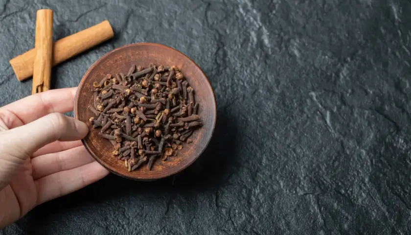 Un plato de clavo de olor, un remedio natural para el dolor de muelas, junto a dos ramas de canela sobre una superficie oscura.