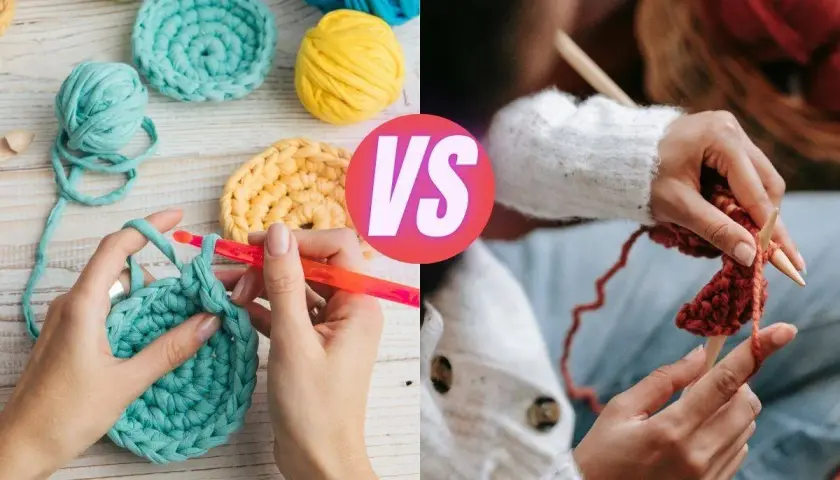 Hands crocheting with colorful yarn and hands knitting with wooden needles. A creative comparison of knitting and sewing crafts.