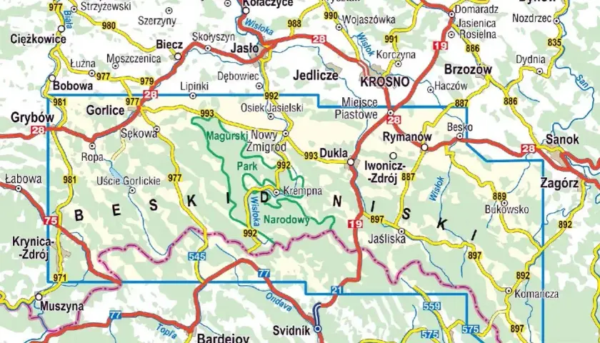 Beskid Niski atrakcje: mapa z zaznaczonym Magurskim Parkiem Narodowym, drogami i miejscowościami jak Gorlice, Krosno, Dukla, Iwonicz-Zdrój.