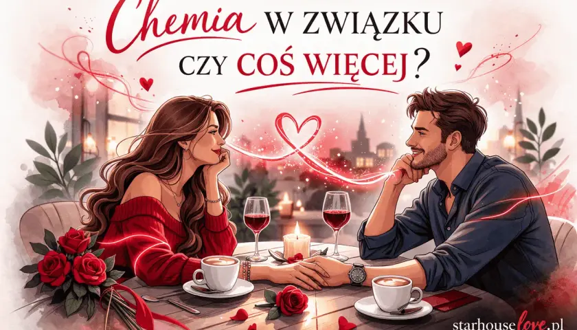 Para zakochanych przy romantycznej kolacji. Widać iskrzącą się chemię między kobietą a mężczyzną, podkreśloną przez serca i płomień świecy.