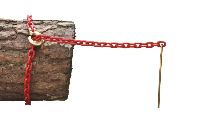 Rote Kette mit Haken um einen Baumstamm geschlungen, die als Chokerkette dient und an einem Metallstab befestigt ist.