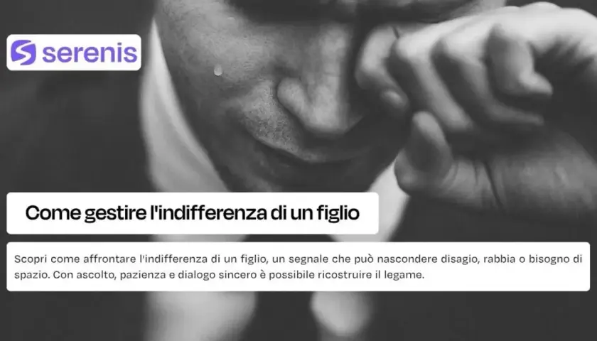 Volto di uomo che piange, con testo "Come gestire l'indifferenza di un figlio". Affrontare figli che non amano i genitori è doloroso.