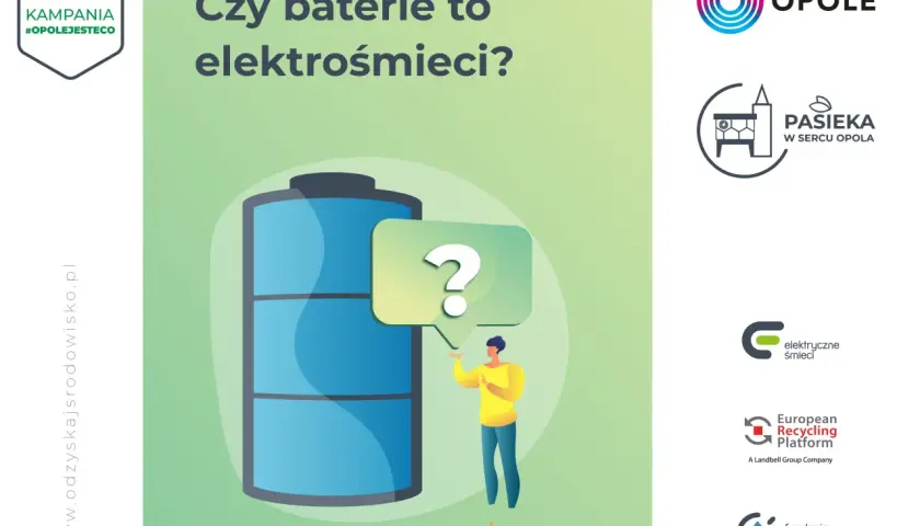 Grafika pyta: "Czy baterie to elektrośmieci?". Człowiek z żółtą bluzą wskazuje na znak zapytania obok wielkiej baterii.