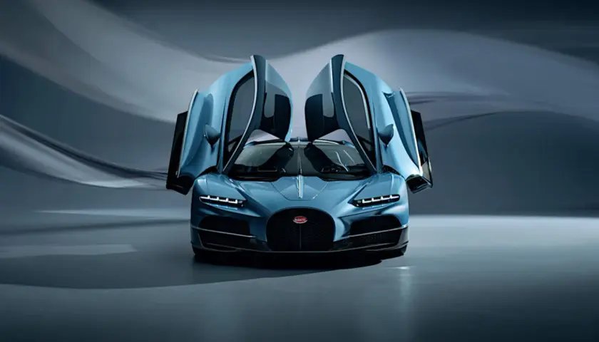 Niebieskie, najnowsze Bugatti z otwartymi drzwiami, prezentujące swoją potęgę i elegancję.