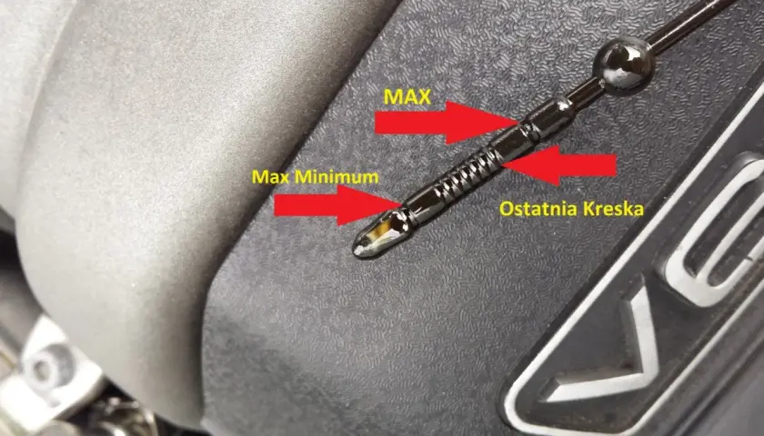 Prawidłowy poziom oleju na bagnecie Seat Altea, między oznaczeniami "Max Minimum" a "Ostatnia Kreska", blisko "MAX".