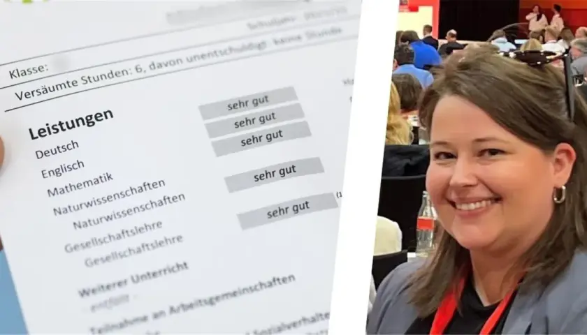 Ein Zeugnis mit "sehr gut" in allen Fächern, das die Erfolge digital festhält. Eine lächelnde Frau im Vordergrund.