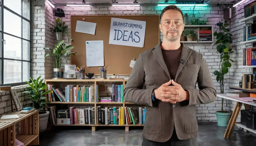 Mężczyzna w marynarce stoi przed tablicą z napisem "BRAINSTORMING IDEAS". W związku z tym, otoczenie sugeruje kreatywne środowisko pracy.