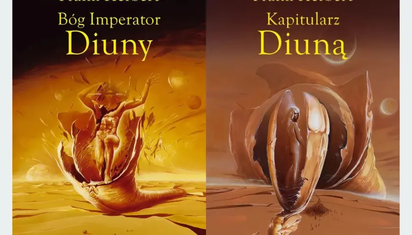 Okładki książek Franka Herberta: "Bóg Imperator Diuny" z postacią w złotym, organicznym kształcie i "Kapitularz Diuny" z kobietą w podobnej, pustynnej scenerii.