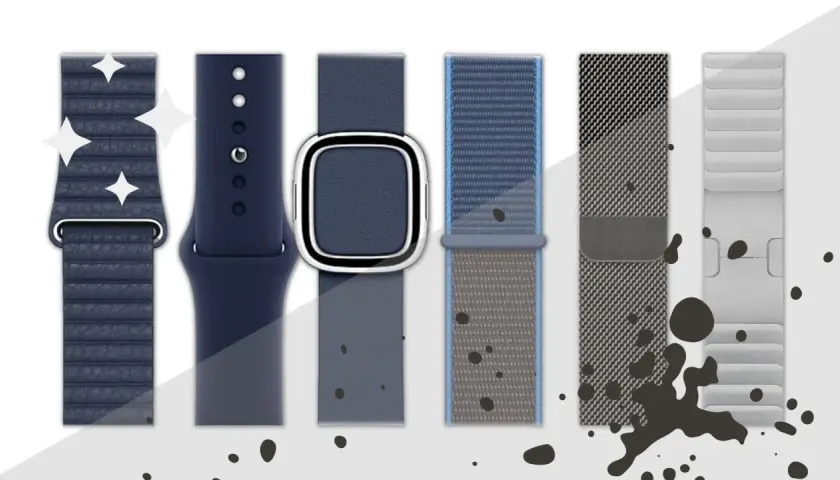Verschiedene Apple Watch Armbänder in Blau- und Grautönen, bereit für das apple watch armband reinigen. Glänzende Sterne deuten auf Sauberkeit hin.