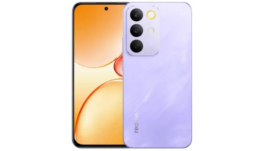 Fioletowy smartfon realme z potrójnym aparatem i logo marki. Zapewniona realme gwarancja.