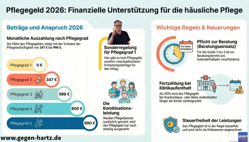 Die Pflegegeld Tabelle 2026 zeigt monatliche Auszahlungen von 0 € bis 990 € je nach Pflegegrad. Sonderregelungen für Pflegegrad 1.