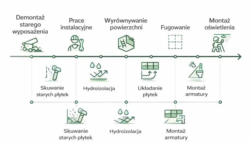 Schemat postępu prac przy remoncie domu: demontaż, instalacje, wyrównanie, fugowanie, montaż oświetlenia, skuwanie płytek, hydroizolacja, układanie płytek, montaż armatury.
