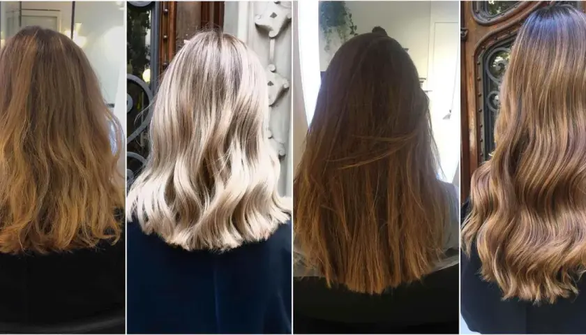Cuatro estilos de cabello con mechas woodlights, desde rubio platino hasta castaño cálido, mostrando la versatilidad de esta técnica.