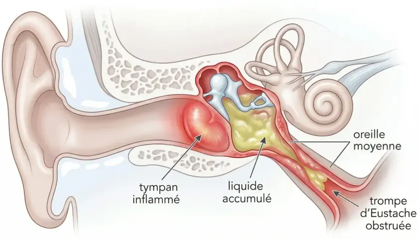 Coupe de l'oreille montrant une otite bactérienne avec tympan enflammé, liquide accumulé et trompe d'Eustache obstruée.