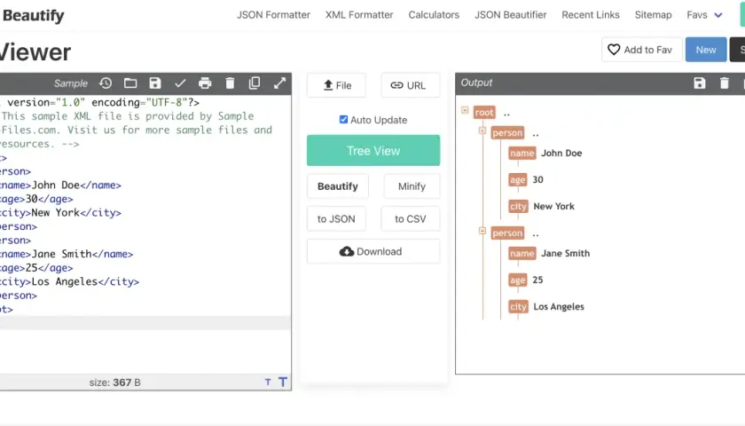 Visualizza un programma per aprire XML, con un esempio di codice XML a sinistra e la sua rappresentazione ad albero a destra.
