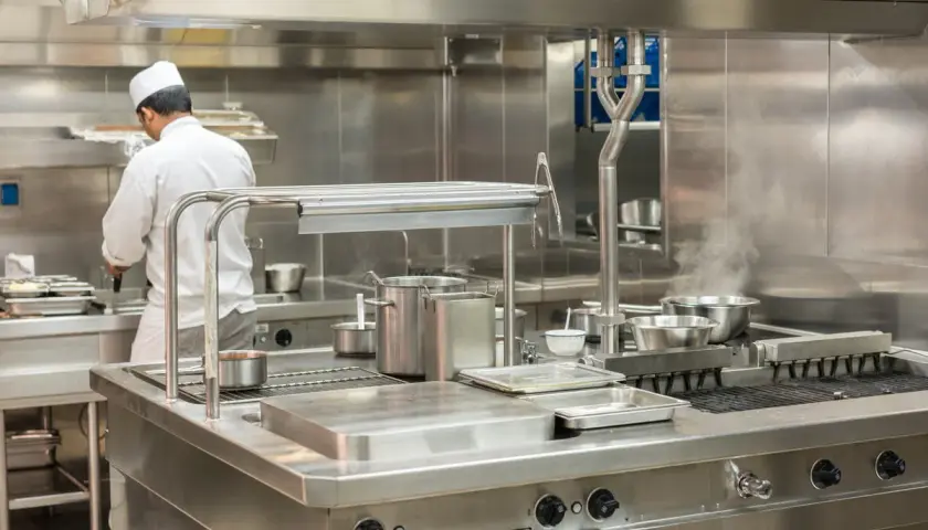 Un chef travaille dans une cuisine professionnelle étincelante, tout en acier inoxydable, le meilleur inox pour une hygiène parfaite.