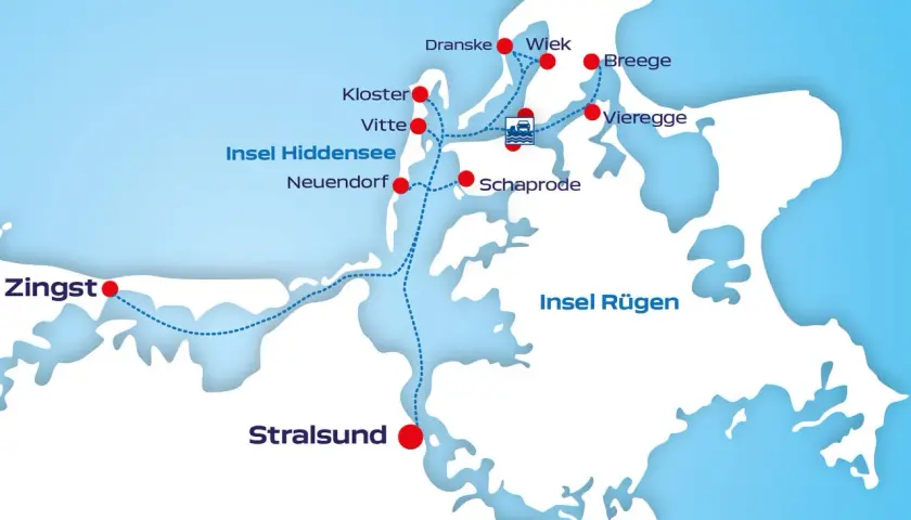 Karte zeigt Fährverbindungen zur autofreien Insel Hiddensee von Zingst, Stralsund und Rügen.