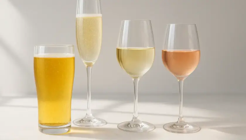 Verre de bière, coupe de champagne, verre de vin blanc et verre de rosé. La bière est souvent la plus calorique.