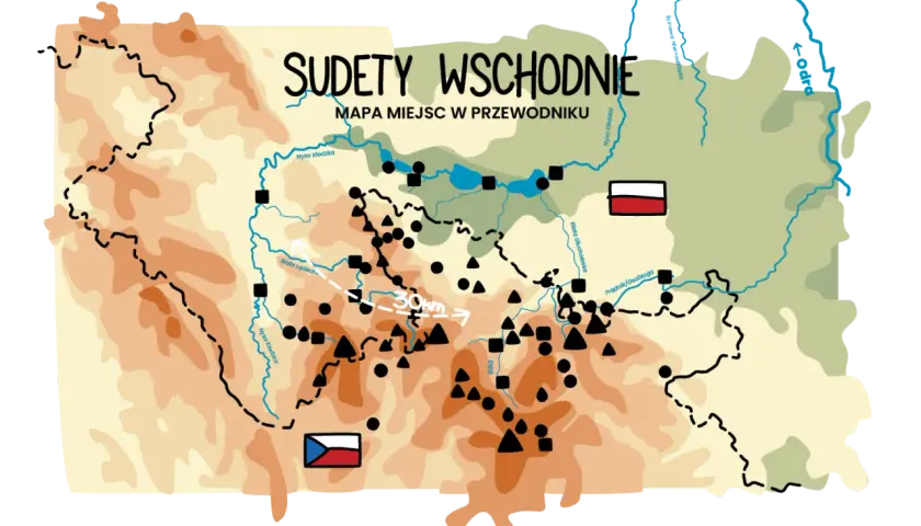 Mapa Sudetów Wschodnich z zaznaczonymi rzekami, miastami i szlakami. Gdzie są Sudety? Na mapie widać granice Polski i Czech.