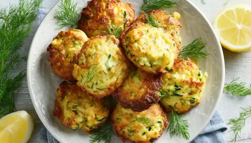 Goldbraune Zucchini-Puffer, garniert mit Dill und Zitronenspalten. Perfekt für leichte zucchini rezepte.