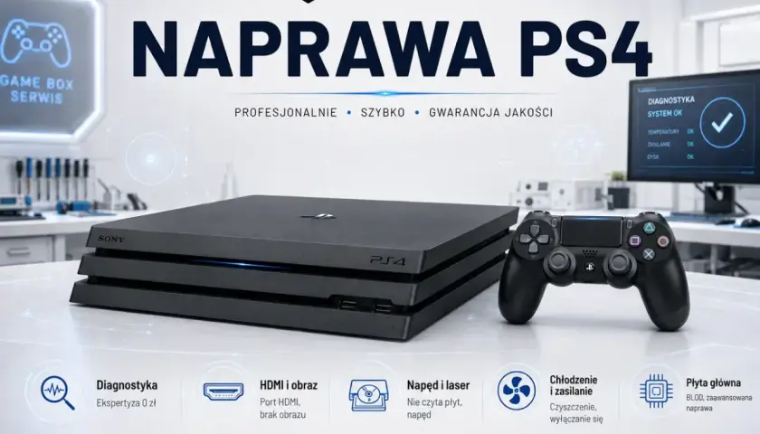 Profesjonalna naprawa PS4 w Gamebox. Szybko, sprawnie i z gwarancją jakości. Diagnostyka, naprawa HDMI, napędu, chłodzenia i płyty głównej.