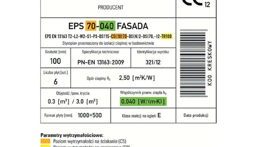 Etykieta produktu EPS 70-040 FASADA, styropian do izolacji cieplnej, grubość 100 mm, współczynnik przewodzenia ciepła 0,040 W/(m·K).