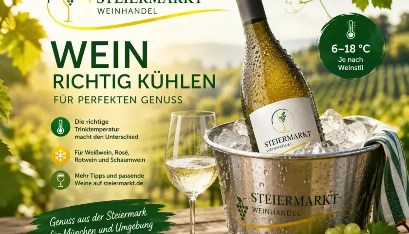 Die richtige Trinktemperatur für Wein: 6-18°C je nach Weinstil. Steiermark Weinhandel empfiehlt die perfekte Kühlung für Genuss.