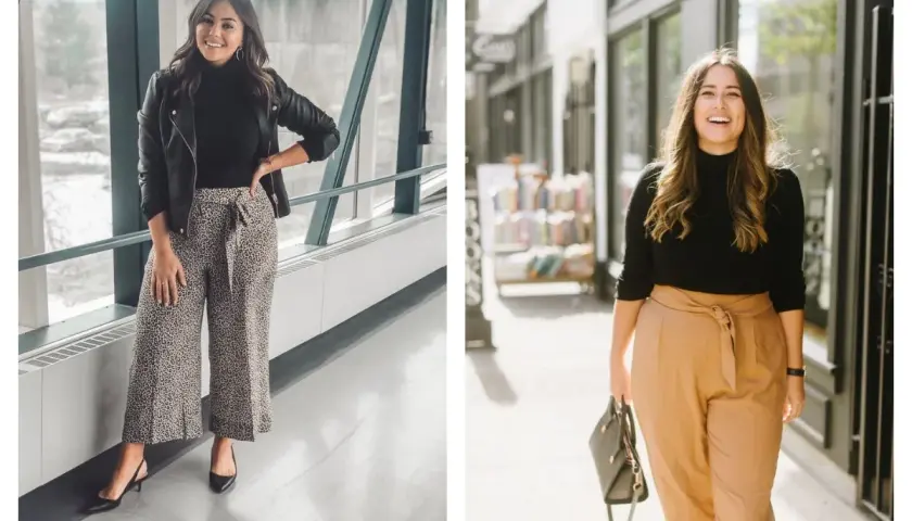 Comment s'habiller quand on est petite : deux looks stylés avec des pantalons taille haute et des vestes.