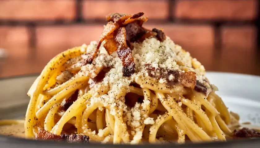 Pyszny makaron włoski carbonara, posypany parmezanem i chrupiącym boczkiem, na tle ceglanej ściany.
