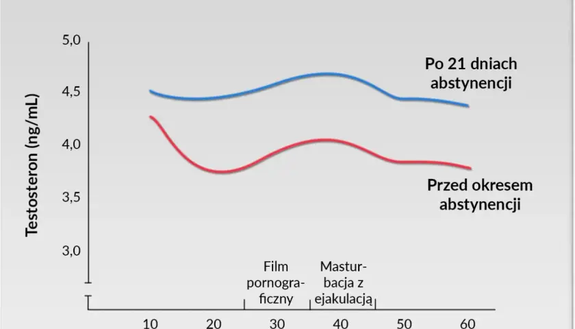 Wykres pokazuje wpływ masturbacji na poziom testosteronu. Po 21 dniach abstynencji poziom testosteronu jest wyższy.