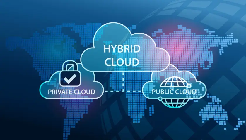Nube híbrida, privada y pública, representando el almacenamiento digital global.