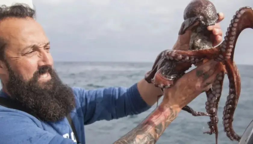 Pescador con pulpo recién capturado en el mar.