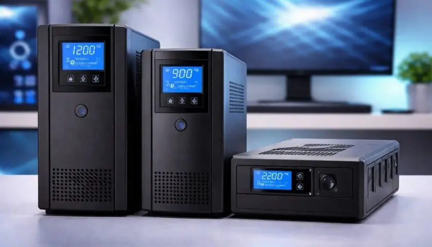 Tres equipos negros, dos verticales y uno horizontal, muestran pantallas digitales azules. Son un ejemplo de qué es un sai, protegiendo tus dispositivos.