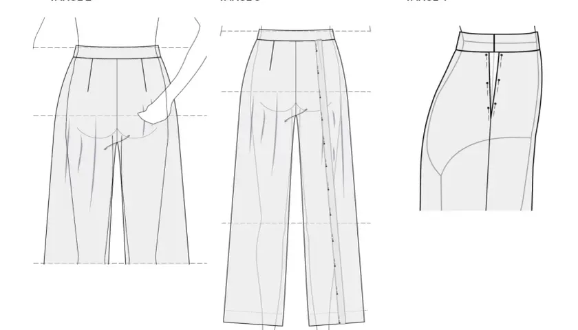 Illustrations show how to sew pant legs together, with close-ups of the inseam and button closure.