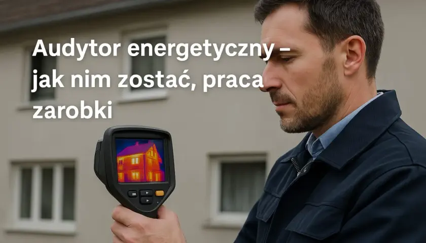 Mężczyzna z kamerą termowizyjną bada dom. To audytor energetyczny, który sprawdza straty ciepła.