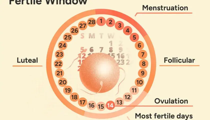 Cykl płciowy: owulacja wypada ok. 14 dni po okresie. Wykres pokazuje fazy: menstruacja, folikularna, owulacja i lutealna.