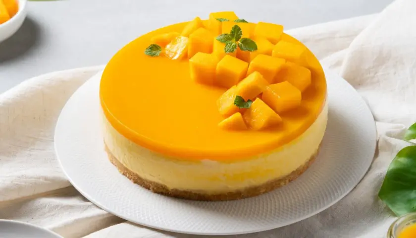 Sernik z błyszczącą polewą mango, ozdobiony kostkami mango i listkami mięty.