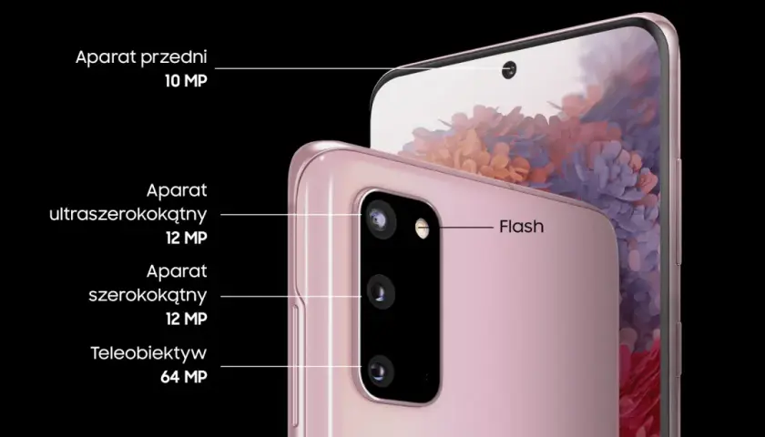 Różowy Samsung S20 z aparatem ultraszerokokątnym 12 MP, szerokokątnym 12 MP i teleobiektywem 64 MP.