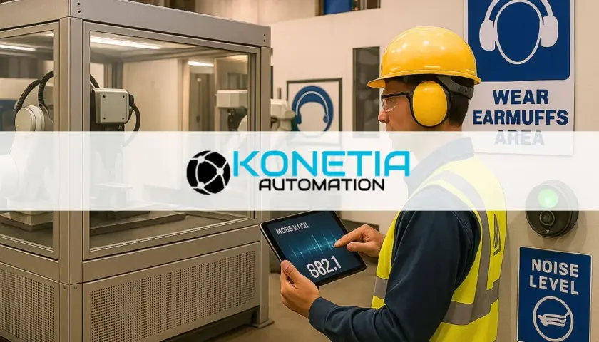 Ingeniero revisa la fórmula de potencia sonora en una tablet en una fábrica automatizada.