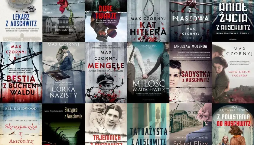 Książki o holokauście: okładki z motywami obozów, drutu kolczastego i postaci historycznych, m.in. "Lekarz z Auschwitz", "Kat Hitlera", "Miłość w Auschwitz".